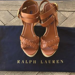 Ralph Lauren Collection tan leather / raffia wedge